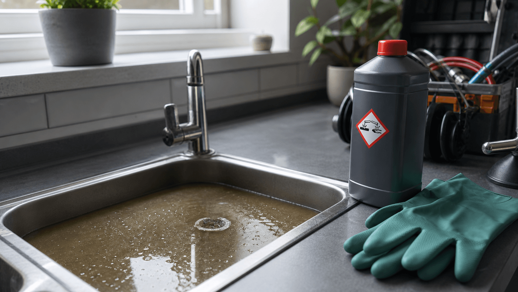 Blocked kitchen sink with murky water beside a corrosive drain cleaner bottle and rubber gloves