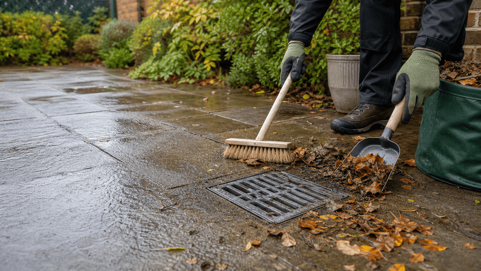 Person sweeping and scooping wet leaves away from a square patio drain grate