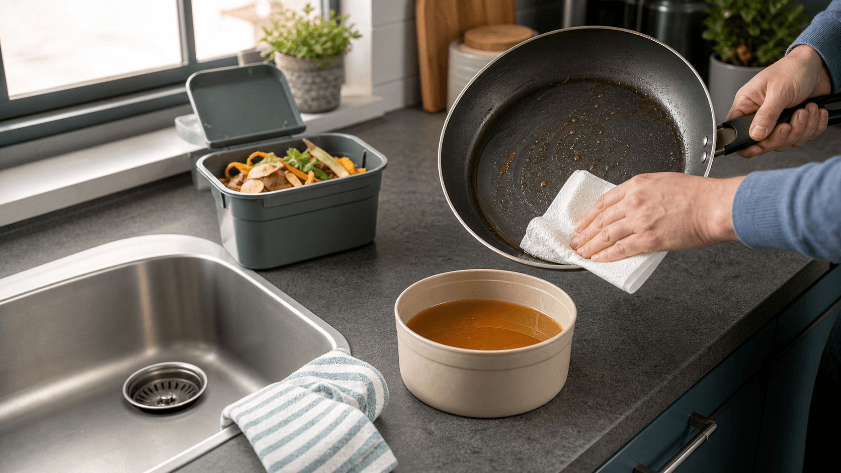 Hands wiping grease from a frying pan next to a jar of used cooking oil