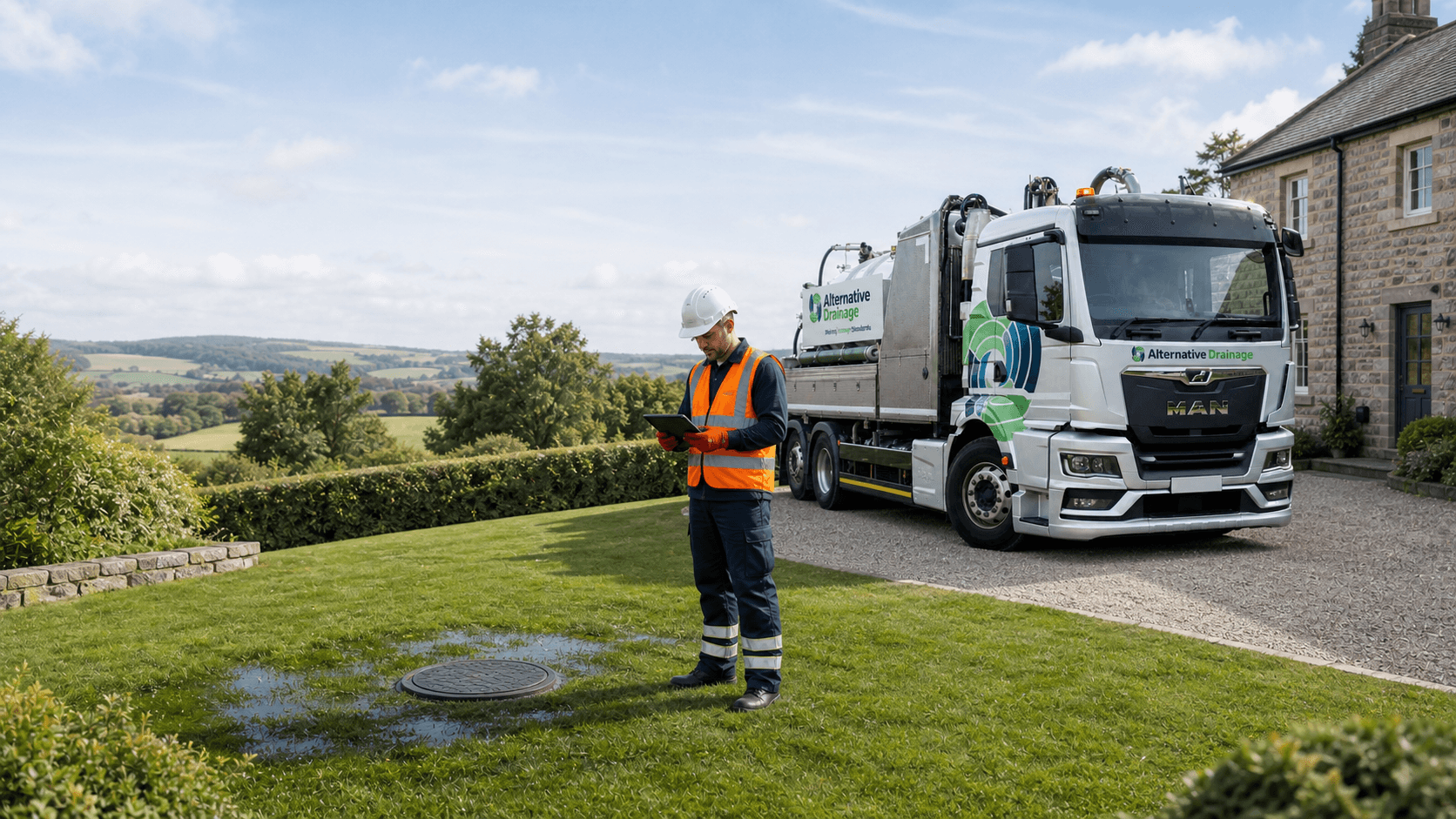 Drainage engineer checking a waterlogged lawn around a septic tank cover