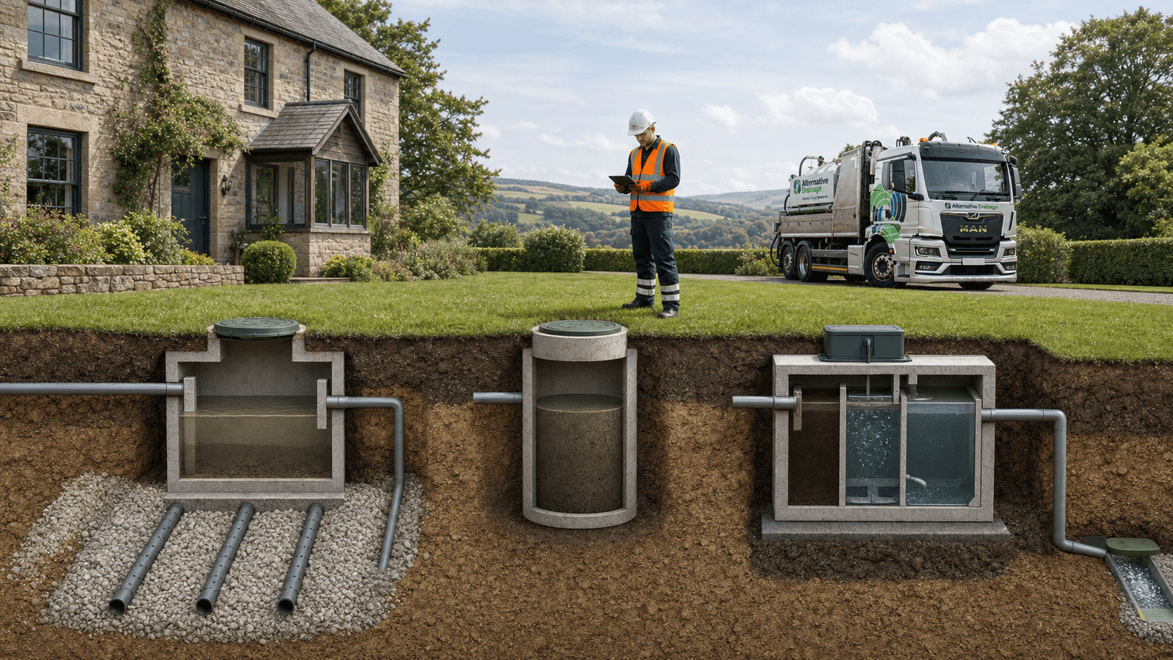 Cross-section comparing septic tank, cesspit and sewage treatment plant systems at a rural property