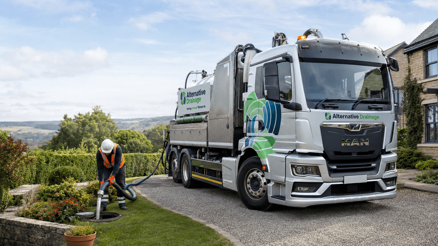 A tanker operative emptying a septic tank through an access cover